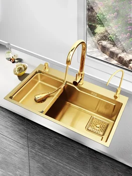 Многофункционална мивка от неръждаема стомана Nano Gold 304, Голяма мивка с една мивка, Кухненска мивка за миене на съдове, Домакински