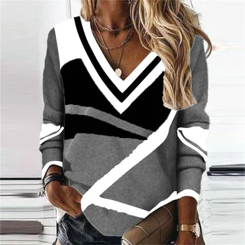 Модерен Геометричен пуловер, Дамски Пролетно-есенни блузи с дълъг ръкав, всекидневни вязаный пуловер с V-образно деколте, потник с цветен блок, дамски дрехи