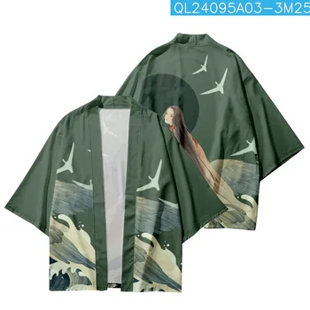 Модерен Зелен Японски жилетка Традиционно Кимоно За мъже и жени, cosplay, плаж Хаори, Юката, градинска дрехи с принтом журавля, яке