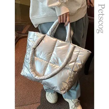 Модерен Сребрист чанта с подплата от изкуствена кожа, за жени, дизайнерски чанти 2023, Луксозни Меки чанти през рамо, пухени памучни чанти за ръце