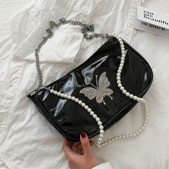 Модерна дамска чанта pearl patent, малка чанта-месинджър с цип за момичета, дамски реколта чанта през рамо на веригата