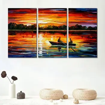 Модерна живопис с участието на залез слънце на три части, платно за ръчна работа за декора на стените на хола, лодка, Модерна красива 24X48 ИНЧА