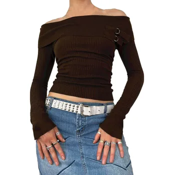 Модни дамски тънки пуловери с открити рамене, скъсяване на върхове, обикновен плетени пуловери в рубчик с дълъг ръкав