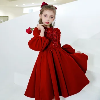 Модно детско рокля с дълги ръкави, ново детско рокля на принцеса, поява на пианото, на рожден Ден с цветя, детско пищни рокля