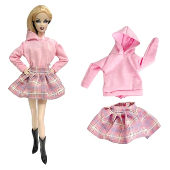 Модно рокля NK от 2 теми с кукла в уличном стил: розов топ + клетчатая пола за Барби кукли, аксесоари за преобличане за дома принцеса