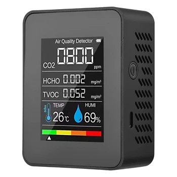 Мониторинг на качеството на въздуха 5 В 1, измерване на температура и влажност на въздуха CO2 TVOC HCHO, USB акумулаторна детектор на CO2