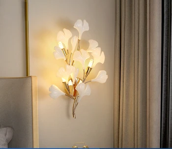 Монтиран на стената лампа, нощна лампа за спални, творческа изкуство, листа на Гинко, фонова стена за хол, led осветление, луксозни лампи за коридор