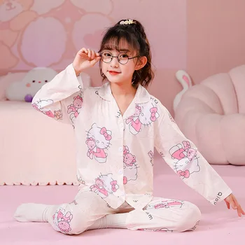 Мультяшная детска пижама Hello Kitty Kuromi Cinnamoroll My Melody, пролет-есен, свободна домашно облекло за прекрасни момичета с дълги ръкави и тънък ревера