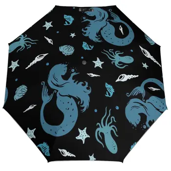 Мультяшная русалка, 3-те пъти автоматичен чадър, русалки, които играят в морето, чадър със защита от ултравиолетови лъчи, белите дробове чадъри от слънце и дъжд