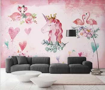 Мультяшная фреска на скандинавския розов цвят, ръчно рисувани фламинго еднорог фон на детска стая на тапети за стени