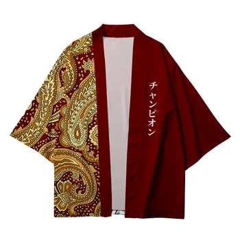 Мъжка жилетка с японски букви, шал, кимоно с кимоно, Тенденция градинска риза с цветя и къс ръкав