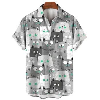 Мъжка риза с 3D принтом Kawaii Котка, модни дрехи с къс ръкав, градинска дрехи, ежедневни риза с участието на забавни животни, Лятна блуза копчета