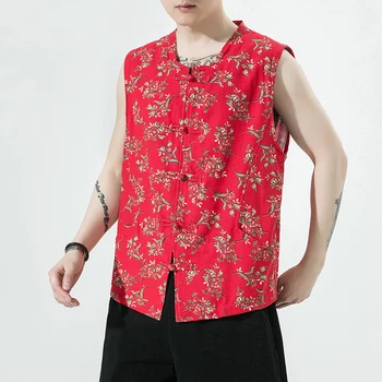 Мъжка тениска в китайски стил с катарама за жилетка без ръкави с цветен печат, модерен мъжки чар в стил Тан, широки дрехи Hanfu Дзен