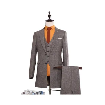Мъжки английски бизнес ежедневния костюм на средна дължина, мъжки тънък вълнен костюм от три части, банкетна бал, сватба двубортный смокинг