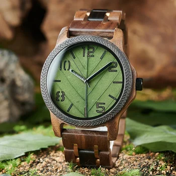Мъжки дървени часовници BOBO BIRD с натурален лист, натурални часовници, ръчно изработени, дървени подарък за годишнина, стилни мъжки часовник 45 мм