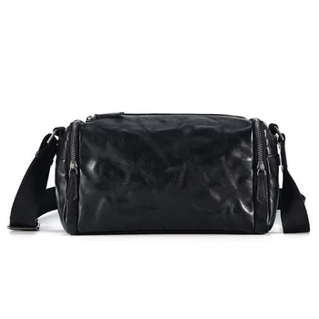 Мъжки малка чанта през рамо от естествена кожа, ежедневни чанти-незабавни посланици в цилиндрическом стил, bag-чанта, чанта за работа и бизнес