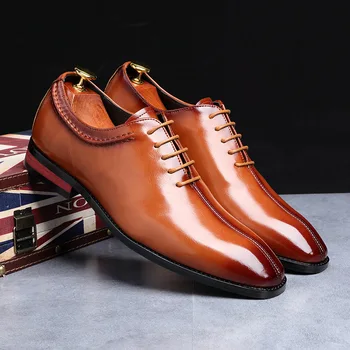 Мъжки официалната кожени обувки Елегантни мъжки модела обувки в британския стил, ежедневни обувки с остър бомбе, мъжки бизнес oxfords, Сватбени обувки
