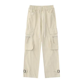 Мъжки панталони-карго джоб с множество джобове, прави панталони с еластичен ластик на талията, Обикновена Свободни Широки панталони Градинска мъжки дрехи