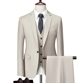 Мъжки приталенные бизнес ежедневни костюми, комплект от три елемента, рокля, сако, Панталон, жилетка / Мъжки сватбен блейзър за младоженеца, палто, панталони, жилетка