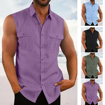 Мъжки ризи без ръкави с копчета, Памучни летни плажни основни тениски на бретелях, тениски с графичен дизайн и блузи