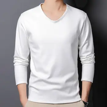 Мъжки топ, пуловер с V-образно деколте и дълъг ръкав, мека еластична тениска голям размер