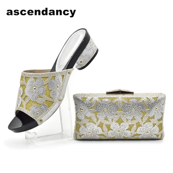 Най-новият комплект обувки и чанти сребрист цвят в африканския стил, украсени с пайети, колекция от обувки и чанти от африканския планински кристал, Италианска дамска чанта за обувки
