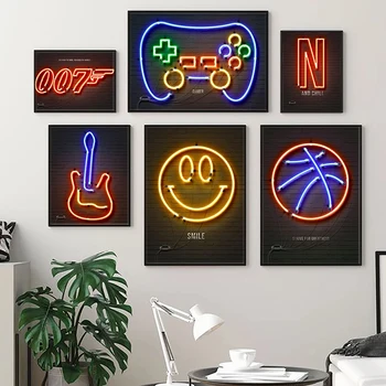 Неонова светлина, геймър, рисунки върху платно, Ретро аудиокассета, китара, плакати, щампи, стенни рисунки за декора на стените на хола