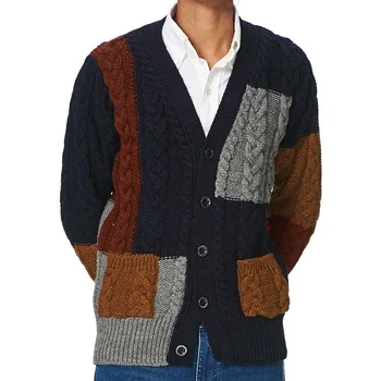 Нов мъжки есенно-зимния пуловер с контрастни копчета в стил ретро, дебели жилетка с дълъг ръкав и яке-пуловер