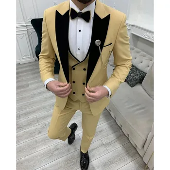 Нов мъжки костюм, Модни кадифени костюми с ревера на бизнес ежедневието на официална сватба смокинг, оборудвана комплект от 3 теми, яке, жилетка, Панталони