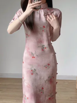 Нов Розов Коварен Винтажное Дълга рокля Рокля с Цветен Модел Пролет Лято С Къс Ръкав В Супериорната Китайски стил Qipao От S До XXL