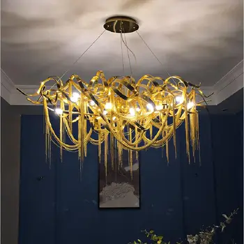 Нова led дизайнерски полилей златна луксозна алуминиева верига с пискюли, лампа за дневна, вила, хотел, декоративна полилей