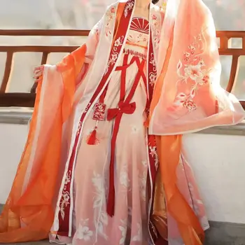 Нова възрастна женска риза Hanfu дължина до гърдите, поли, ежедневни студентски пола с бродерия, риза с голям ръкав, старинна рокля