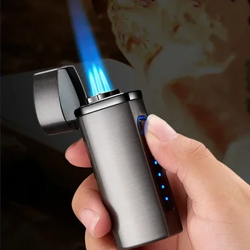 нова Метална външна Ветрозащитная електрическа USB-запалка 2023 година с три горелки, Газова запалка за пури от син пламък, Газова Запалка за мъже