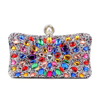 Новата женска вечер торба с диаманти, луксозна дамска чанта с цветя модел Candy Mix, дамска чанта с пайети, чанта през рамо от планински кристал с веригата