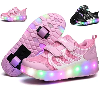 Нови 28-43 Детски маратонки с led подсветка за зареждане чрез USB, 2 колела, дизайнерски светещ обувки за малки момичета, момчета, жени, детски ролери,