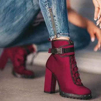 Нови обувки 2022 г., вино-червени обувки на висок ток, квадратна кореновата обтегач дантела