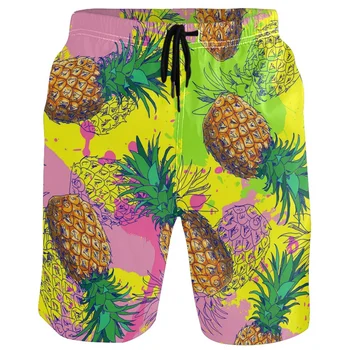 Нови ярки къси панталони с участието на ананас, плажни шорти с 3D принтом Диня, мъжки бански, Лято хавайски шорти за сърф дъска