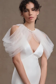 Ново дизайнерско сватбена рокля с открити рамене и V-образно деколте 2023, сватбена рокля с дълъг ръкав, рокли за булката, булчински рокли трапецовидна форма