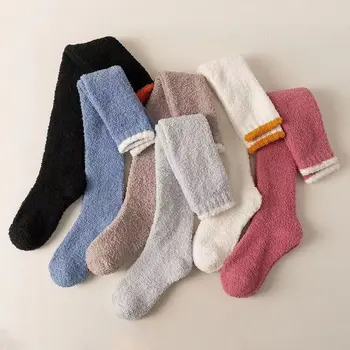 Обикновена дълги чорапи от коралов руно, сгъстено Топли чорапи, дамски чорапогащи до коляното, Зимни подови чорапи, чорапи за сън