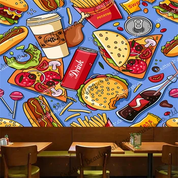 Обичай Тапети с ръчно рисувани за заведения за бързо хранене и бургери, Промишлена Декоративна живопис, ресторант, снек-бар, Фонова стена KTV Papel Tapiz