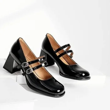 Обувки Mary Jane Мода 2024 г.; фини обувки с квадратни пръсти на висок ток и катарама; Дизайнерски дамски официални обувки