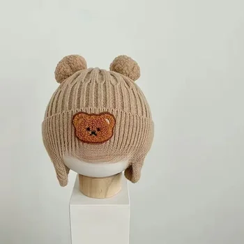 Открийте проста детска вълнена шапка с шарени хубава Мечка, защита на ушите, детска зимна утепленная топло вязаная капачка, детска шапка
