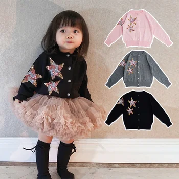 Памучен вязаная яке за момичета Мека и сладка, детски пуловер принцеса, жилетка с пайети и звездите, едно парче дропшиппинг