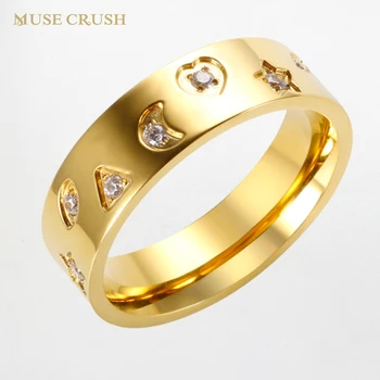 Пенливи кубическим цирконием Луксозни дизайнерски пръстен със сърца, за жени, подарък за Нова година, Луна, звезда, бижута за пръстите от неръждаема стомана