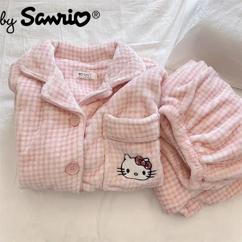 Пижами Sanrio на Hello Kitty с шарките на Kawai, мека Фланелевая Жените в есенно-зимната удебелена Сладко домашни дрехи с дълги ръкави