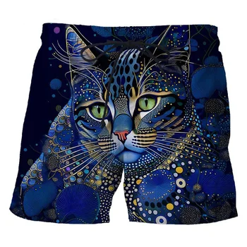 Плажни шорти с 3D-принтом и цветно котка, гореща лятна разпродажба, Модерни мъжки бански с домашен любимец модел, ежедневни летни къси панталони