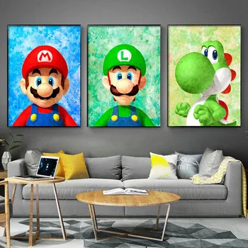 Плакат със Супер Марио, Графити, Акварелни тапети, Йоши, Варио, Cartoony модел, декорации за детската спалня, домашен декор