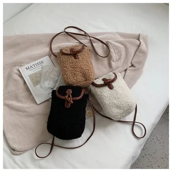 Плюшени чанти за жени от френската овча вълна, руното чанта-торба, чанта за телефон, портмоне, през рамо, на чанта за пазаруване за рамо встрани