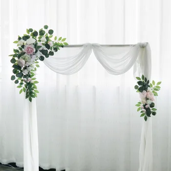 Подпори за арки от розови изкуствени цветя сватба, посрещат с картичка, украса венец с логото на фона на цветя стена, разположението на прозорците, 2 елемента.