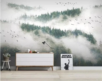 Потребителски 3D тапети Ръчно рисувани борова гора облаците птици мъгла на фона на стената декорация на дома фон 3D тапети